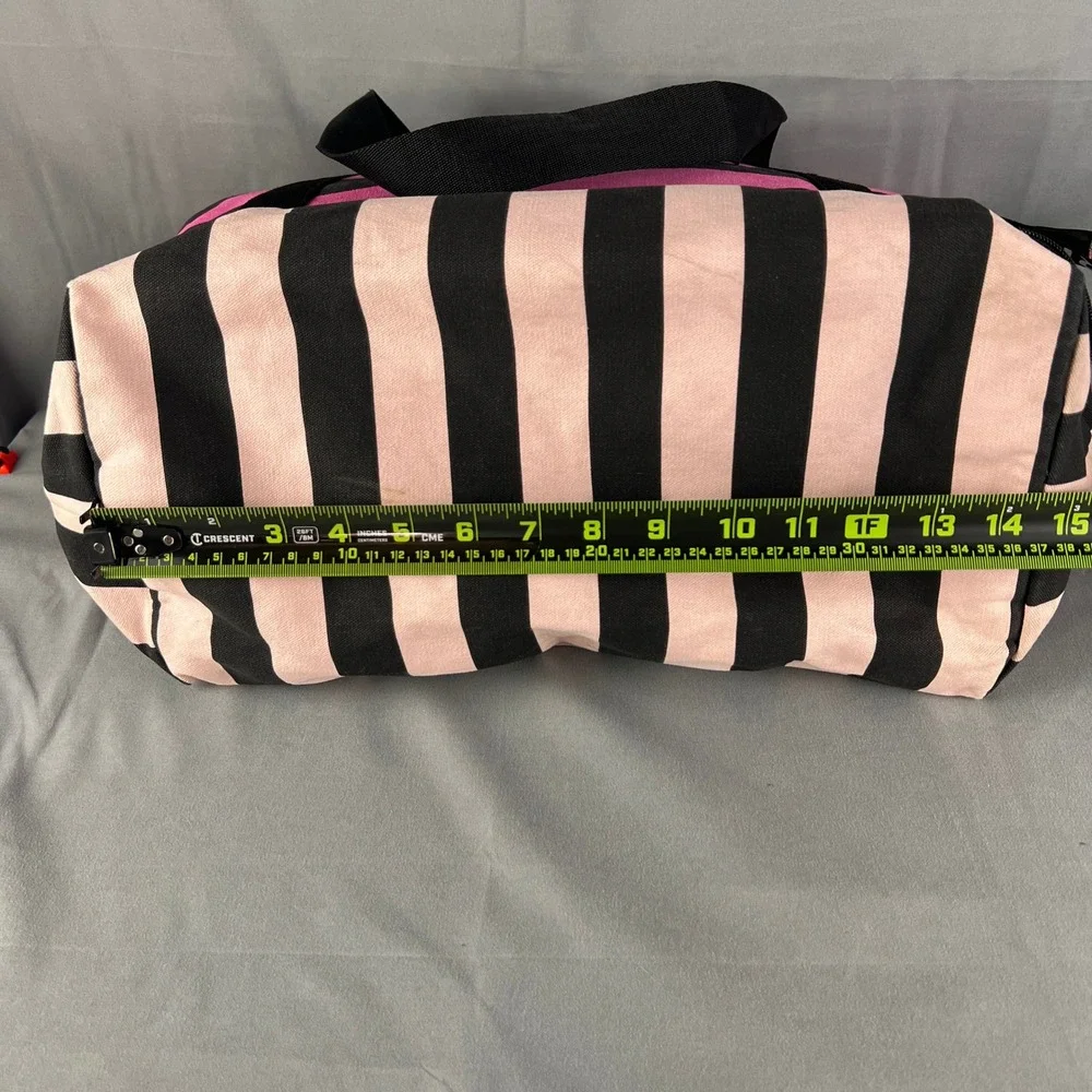 Victoria's Secret Weekender Tote Bag Women Black Pink Striped Bottom Zip Storage